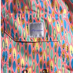 Peter Millar Surfin' USA swim trunks featuring a multicolor surfboard pattern XL